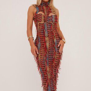 High Neck Cut Out Bust Maxi Dress In Multi Red Texture